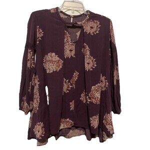 Free People Plum Purple Floral Keyhole Rayon Tunic Blouse Crochet Detail XS